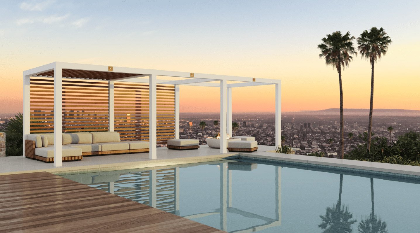 White Cabana X poolside retreat with privacy slats and sunset views